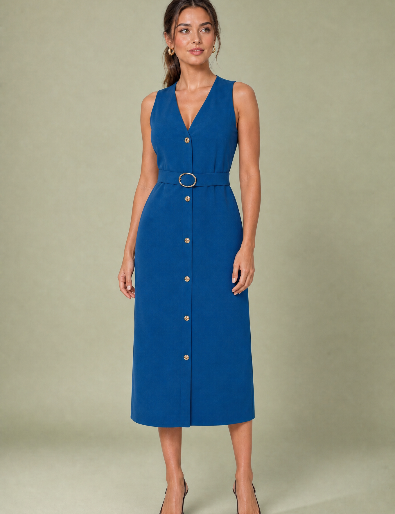 Robe midi col V ceinturée | Variante Bleu | Lounelle Paris