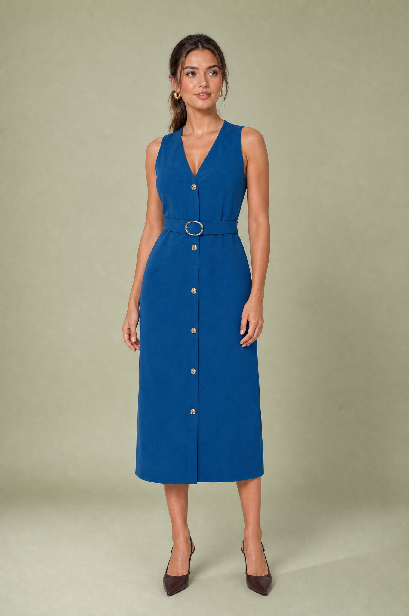 Robe midi col V ceinturée | Variante Bleu | Lounelle Paris