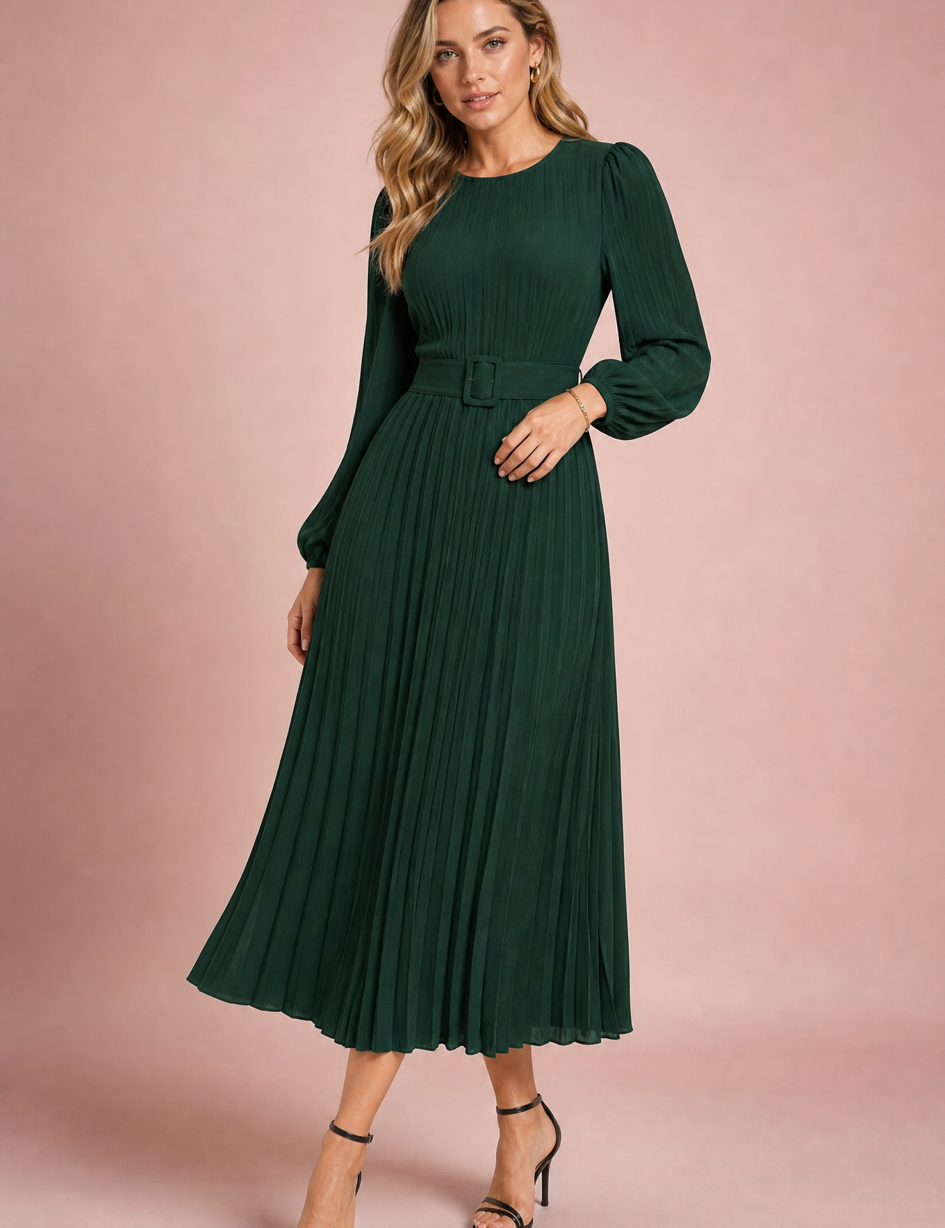 Robe longue plissée à manches bouffantes | Vue de face | Lounelle Paris