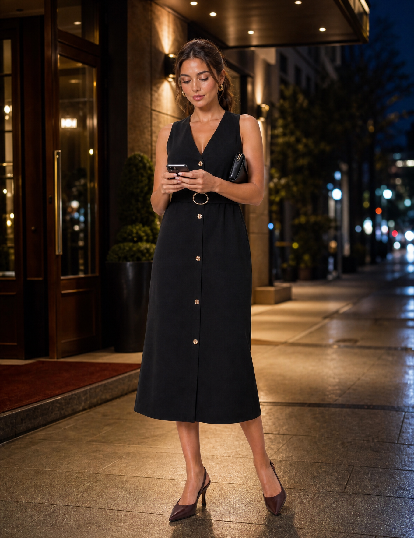 Robe midi col V ceinturée | Variante Noir - Lifestyle | Lounelle Paris