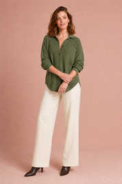 Top maille gaufrée col chemise | Variante Vert | Lounelle Paris