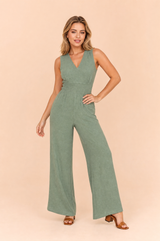 Grøn smocket V-hals jumpsuit