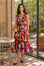 Robe fluide imprimée col V | Photo lifestyle | Lounelle Paris
