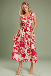 Robe midi rouge fleurie dos nu | Vue de face | Lounelle Paris