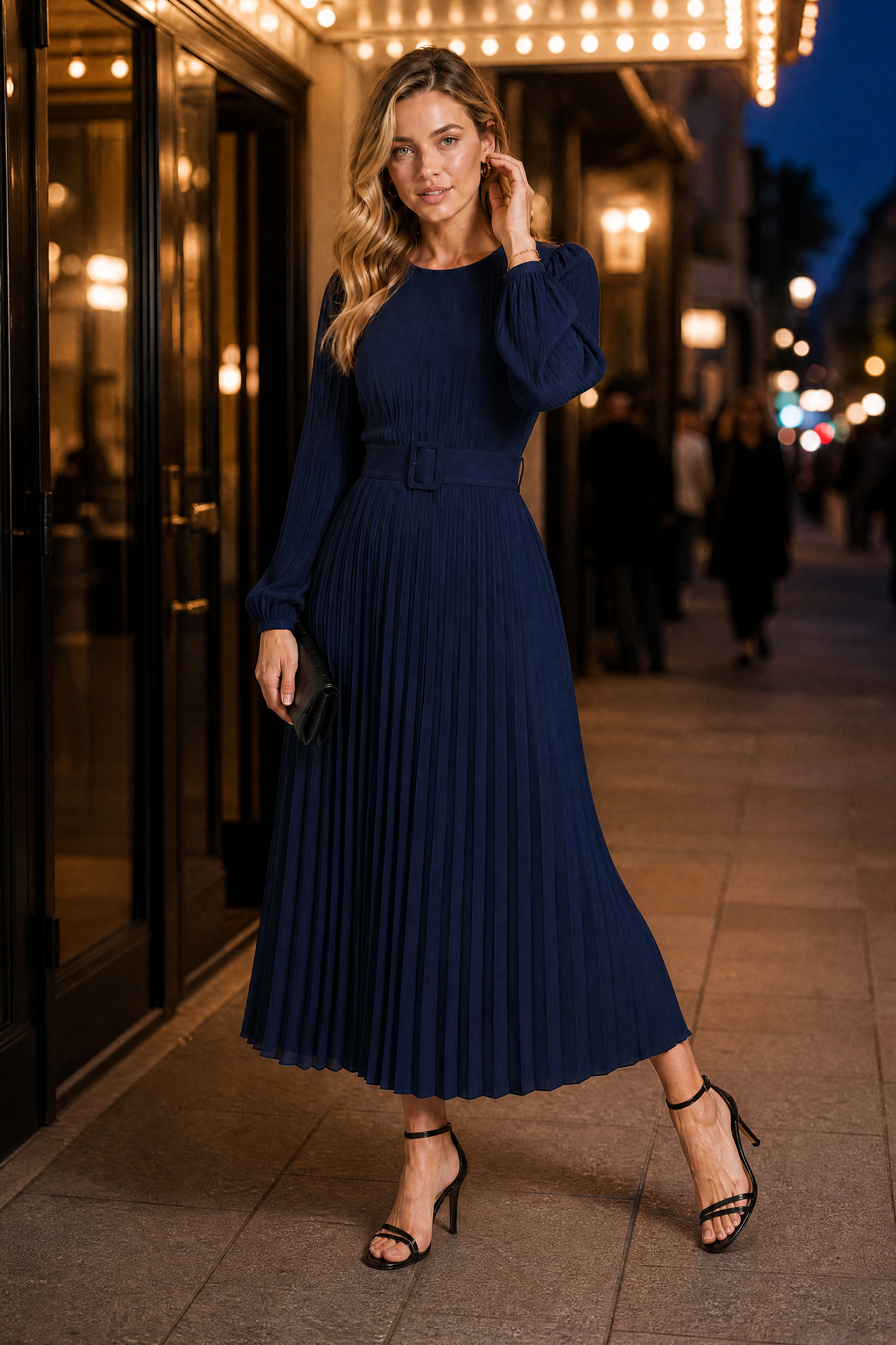 Robe longue plissée à manches bouffantes | Variante Bleu marine - Lifestyle | Lounelle Paris