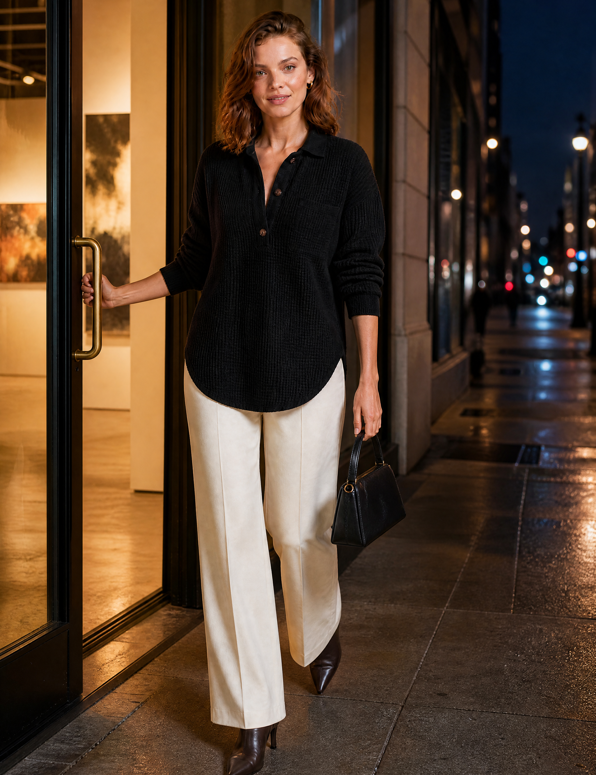 Top maille gaufrée col chemise | Variante Noir - Lifestyle | Lounelle Paris