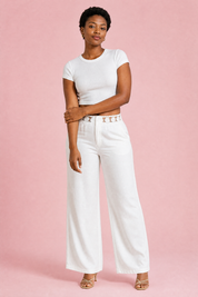 Pantalon large blanc ceinture dentelle | Porté sur une autre silhouette | Lounelle Paris
