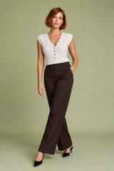 Stribet beige strikket top med V-hals