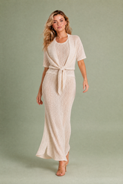 Ensemble 3 pièces beige maille ajourée | Vue en mouvement | Lounelle Paris