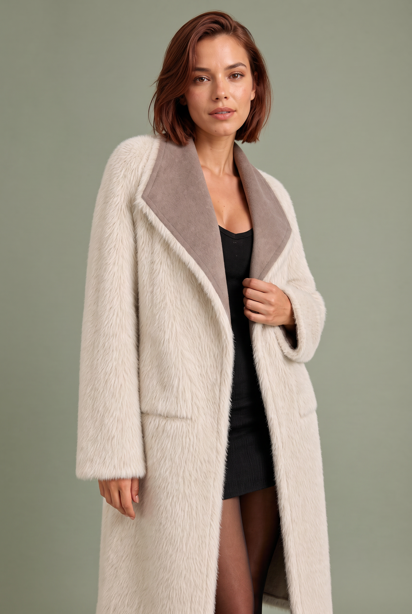 Manteau long réversible col duveteux | Vue rapprochée | Lounelle Paris