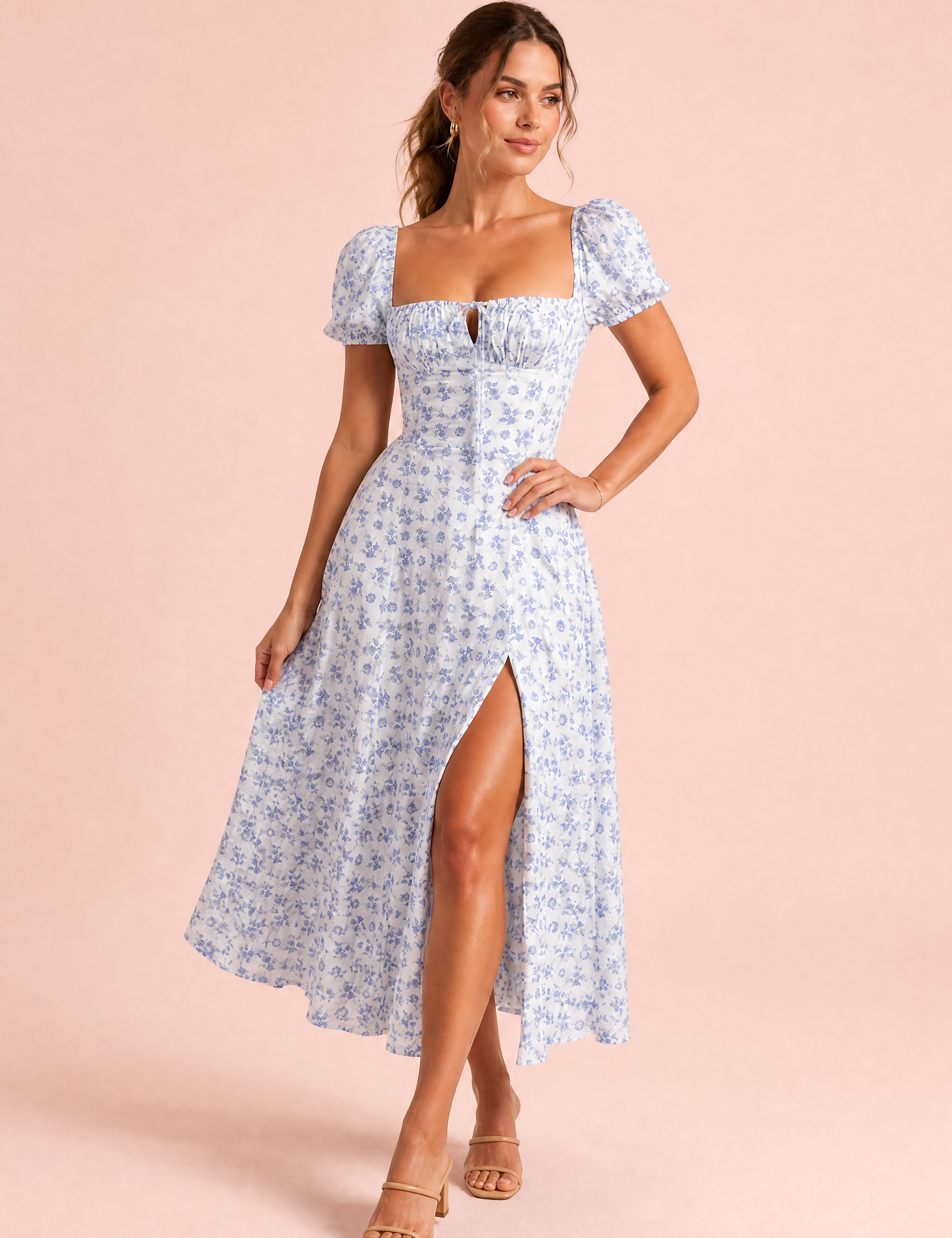 Robe bleue encolure carrée manches bouffantes | Vue de face | Lounelle Paris