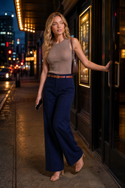 Pantalon large ceinturé taille mi-haute | Variante Bleu marine - Lifestyle | Lounelle Paris