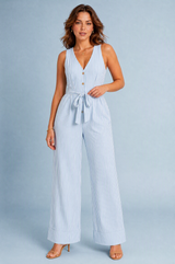 Stribet jumpsuit med V-udskæring
