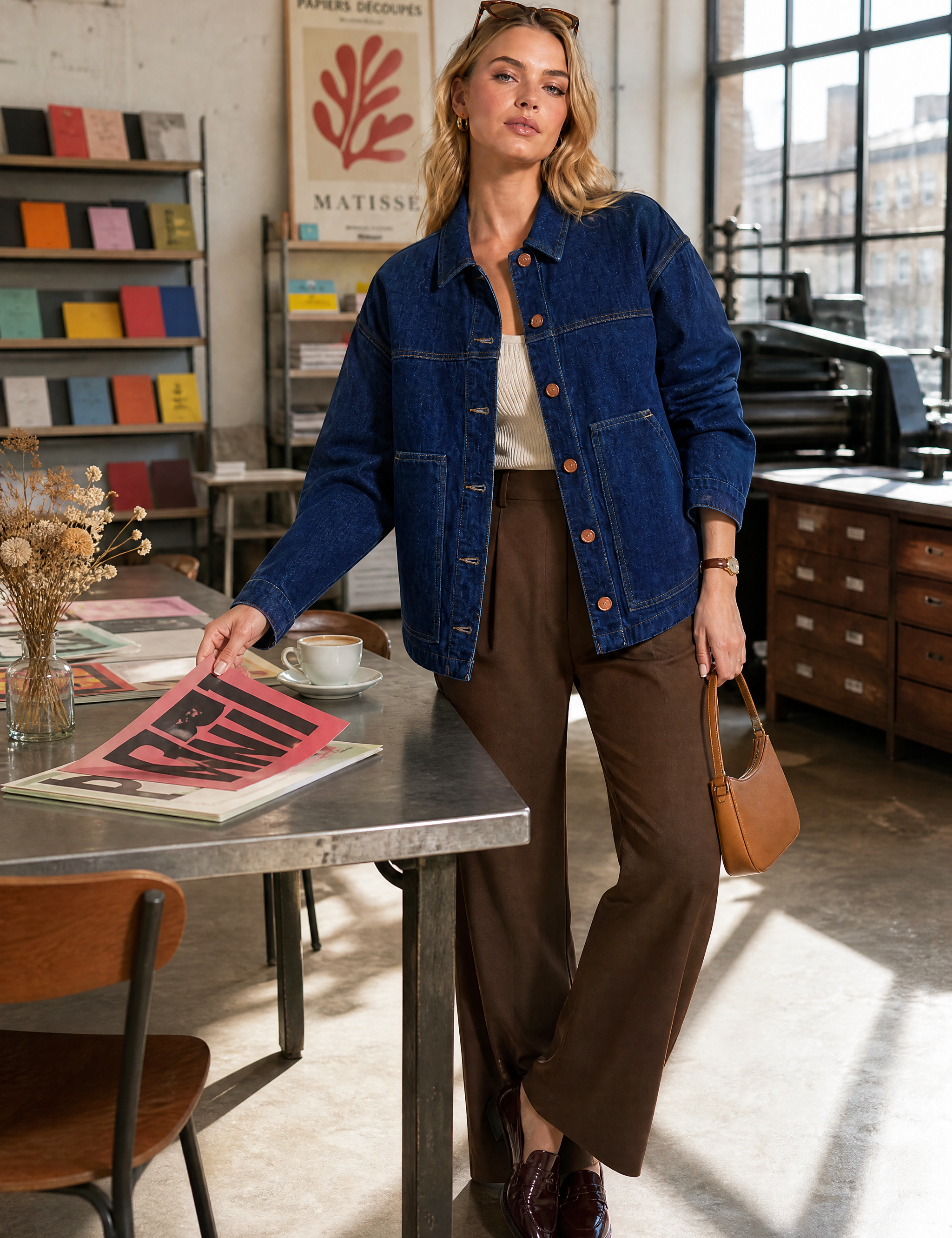 Veste en jean bleu foncé ample | Photo lifestyle | Lounelle Paris