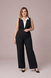 Combinaison noire sans manches col revers | Porté sur une autre silhouette | Lounelle Paris