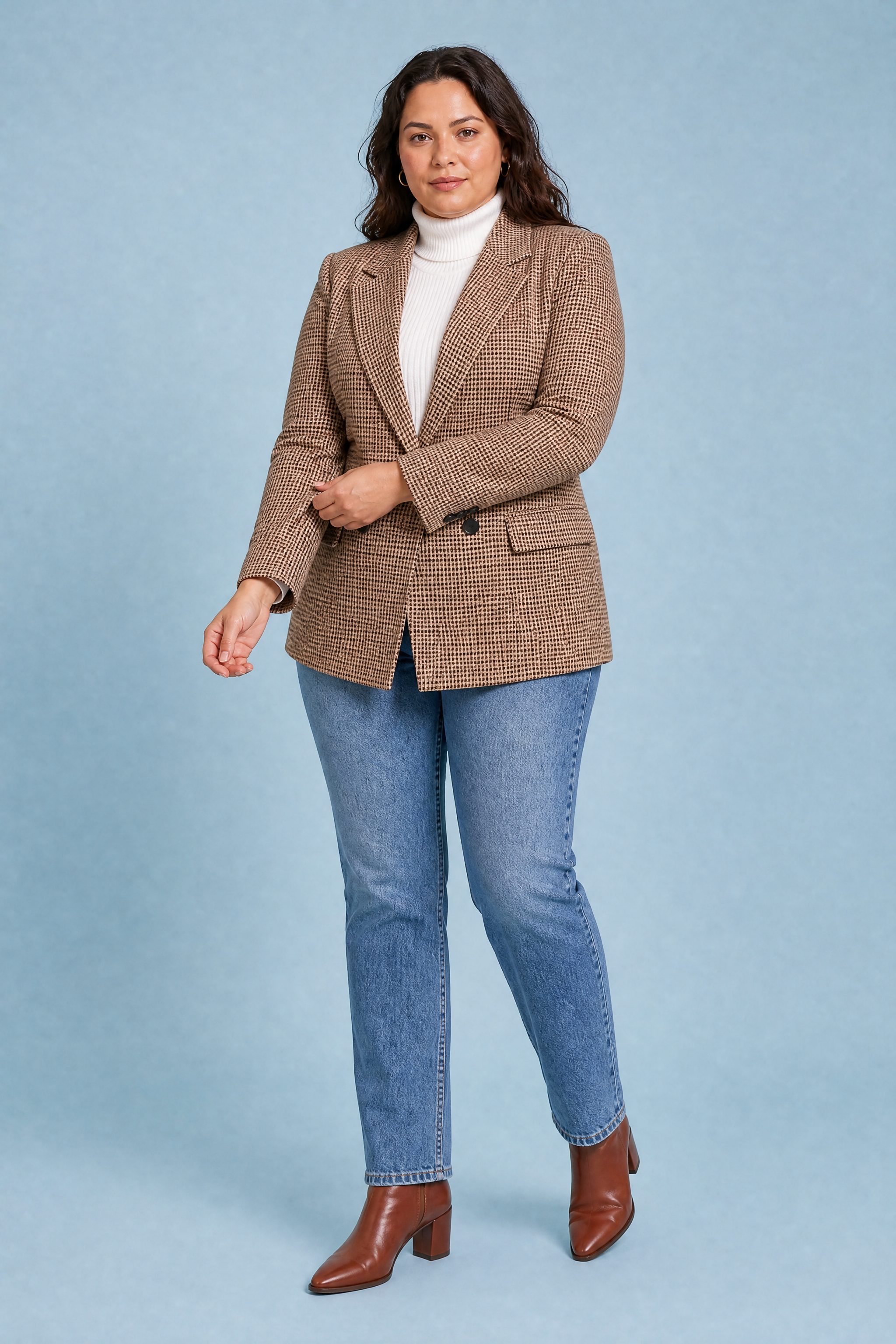 Blazer ajusté motif pied-de-poule | Porté sur une silhouette plus ronde | Lounelle Paris