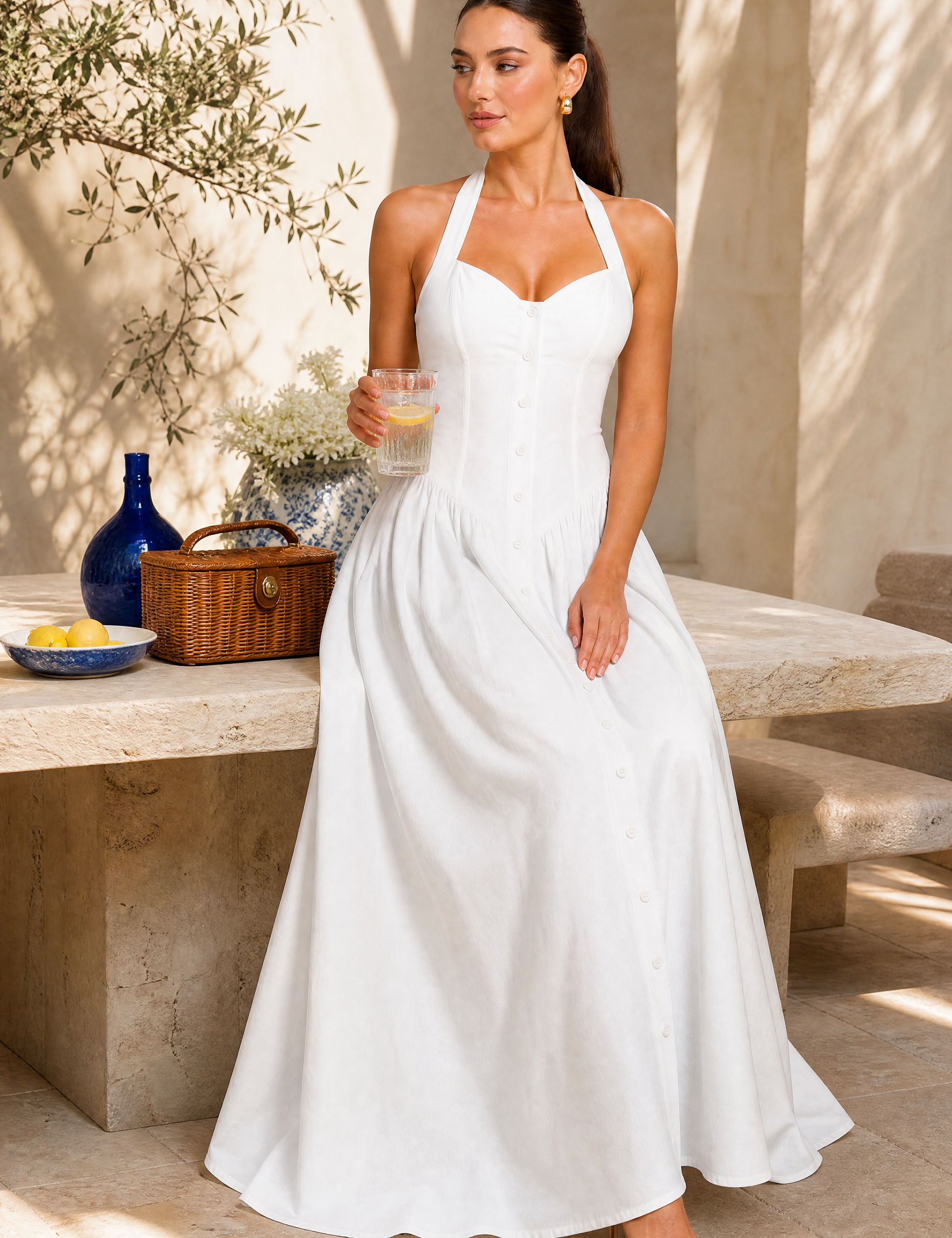 Robe longue blanche licou dos nu | Photo lifestyle | Lounelle Paris