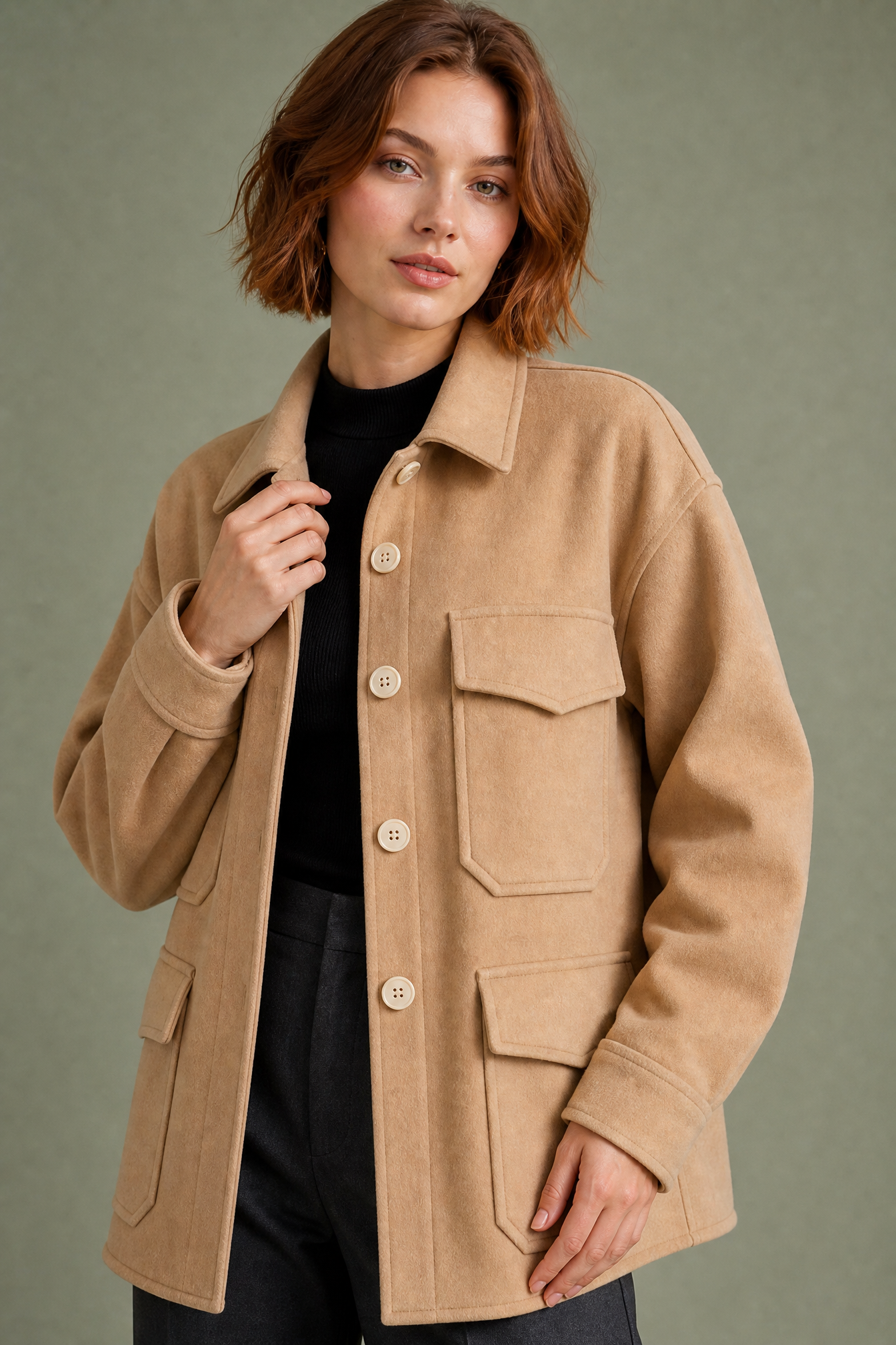 Manteau mi-long ample à revers | Vue rapprochée | Lounelle Paris