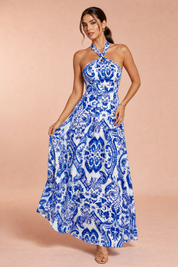 Robe longue bleue col halter dos nu | Vue de face | Lounelle Paris