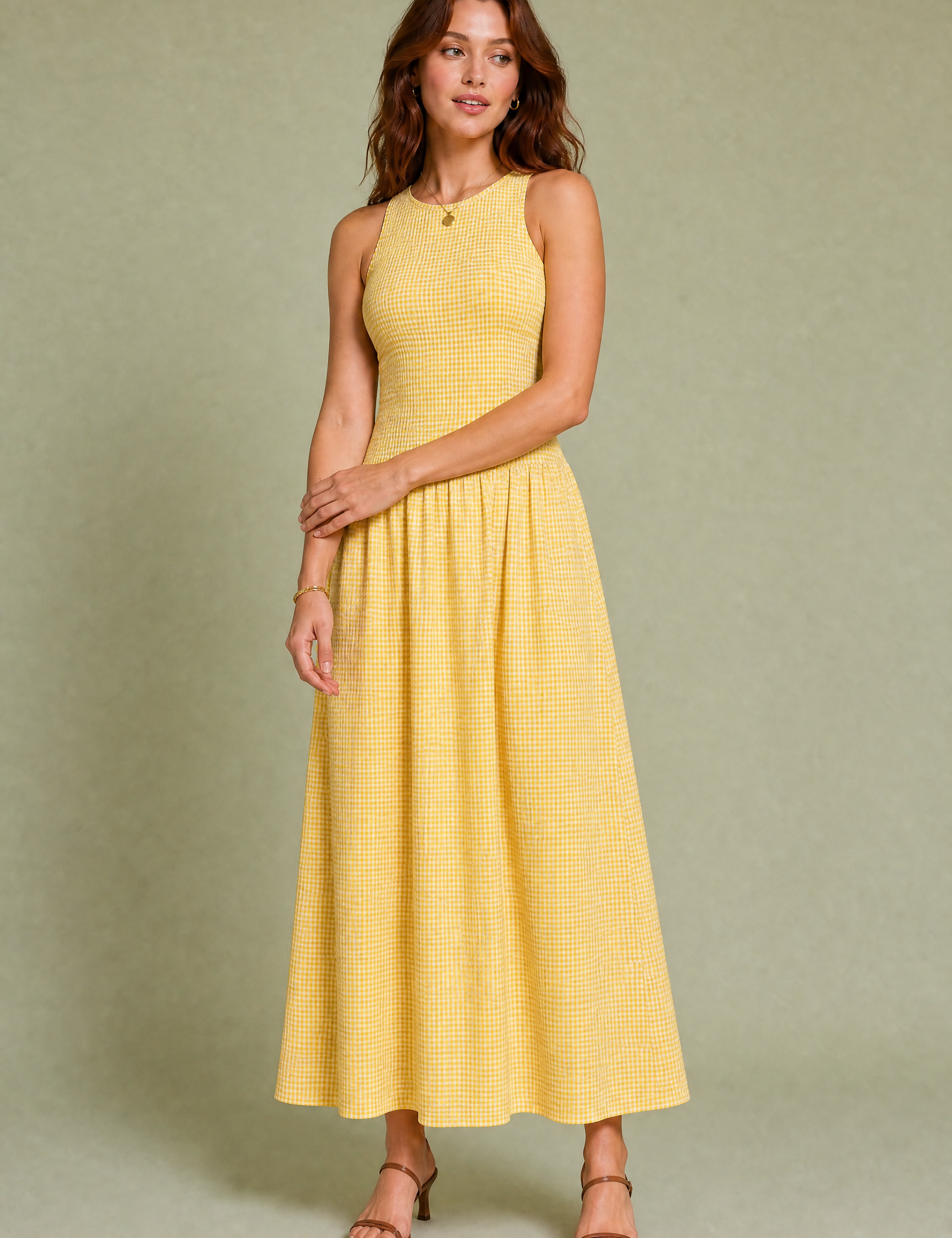 Robe longue vichy smockée | Variante Jaune | Lounelle Paris