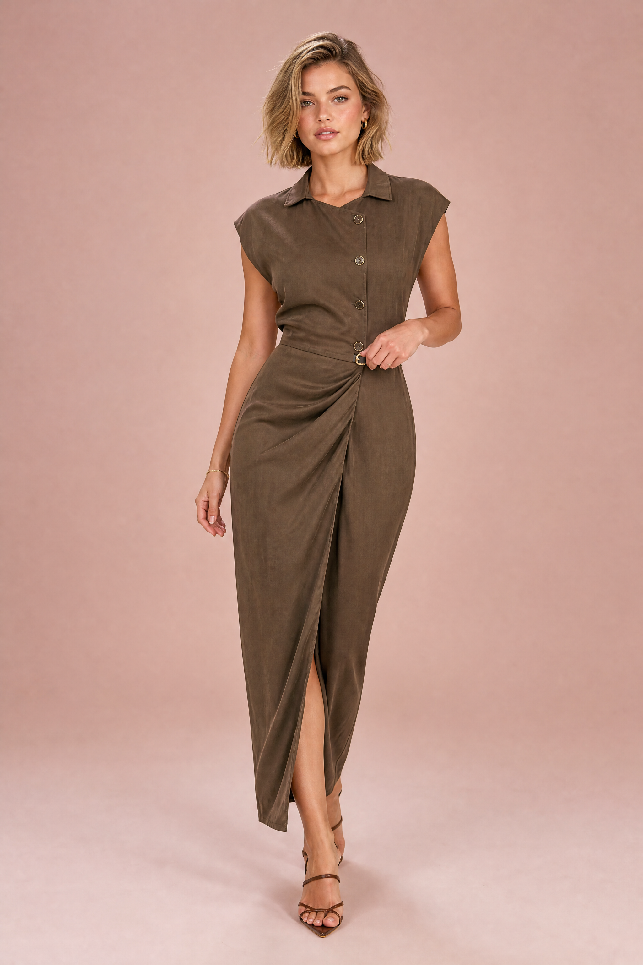 Robe longue marron col chemise | Vue de face | Lounelle Paris