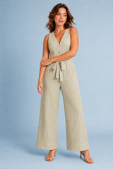 Stribet jumpsuit med V-udskæring