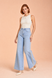 Jean bleu jambe large crochet | Vue de face | Lounelle Paris