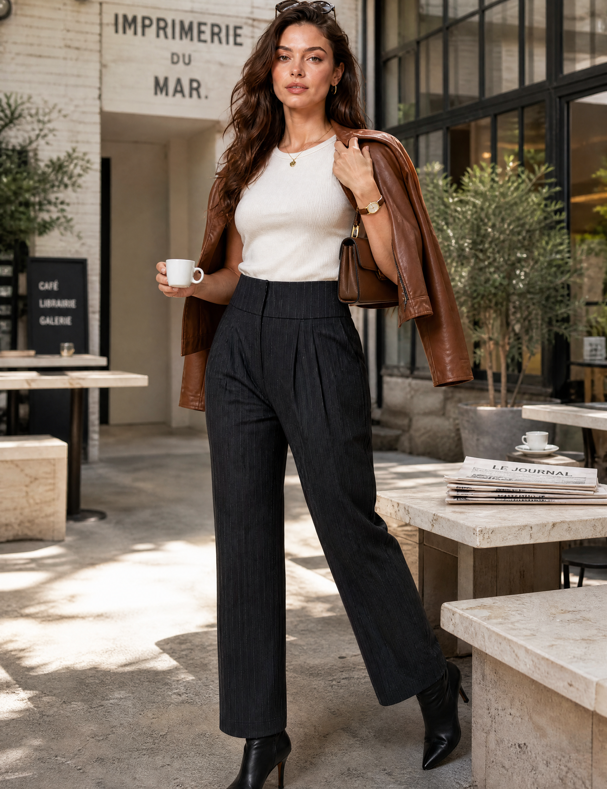 Pantalon tailleur rayé taille haute | Photo lifestyle | Lounelle Paris
