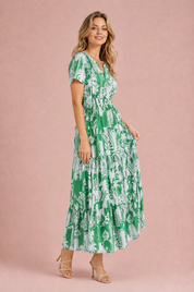 Robe longue verte imprimée col V | Vue de profil | Lounelle Paris