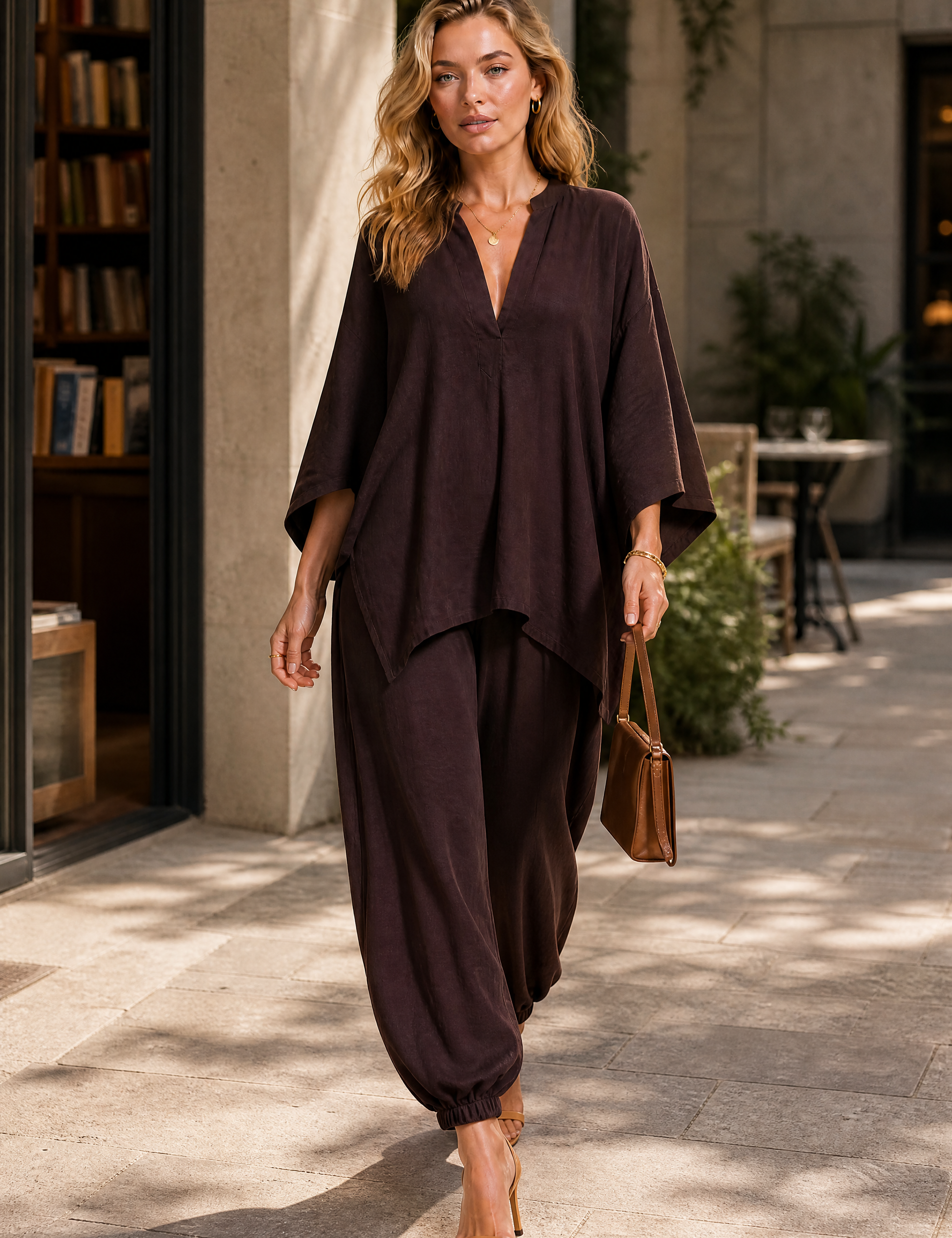 Ensemble fluide col V | Variante Marron - Lifestyle | Lounelle Paris