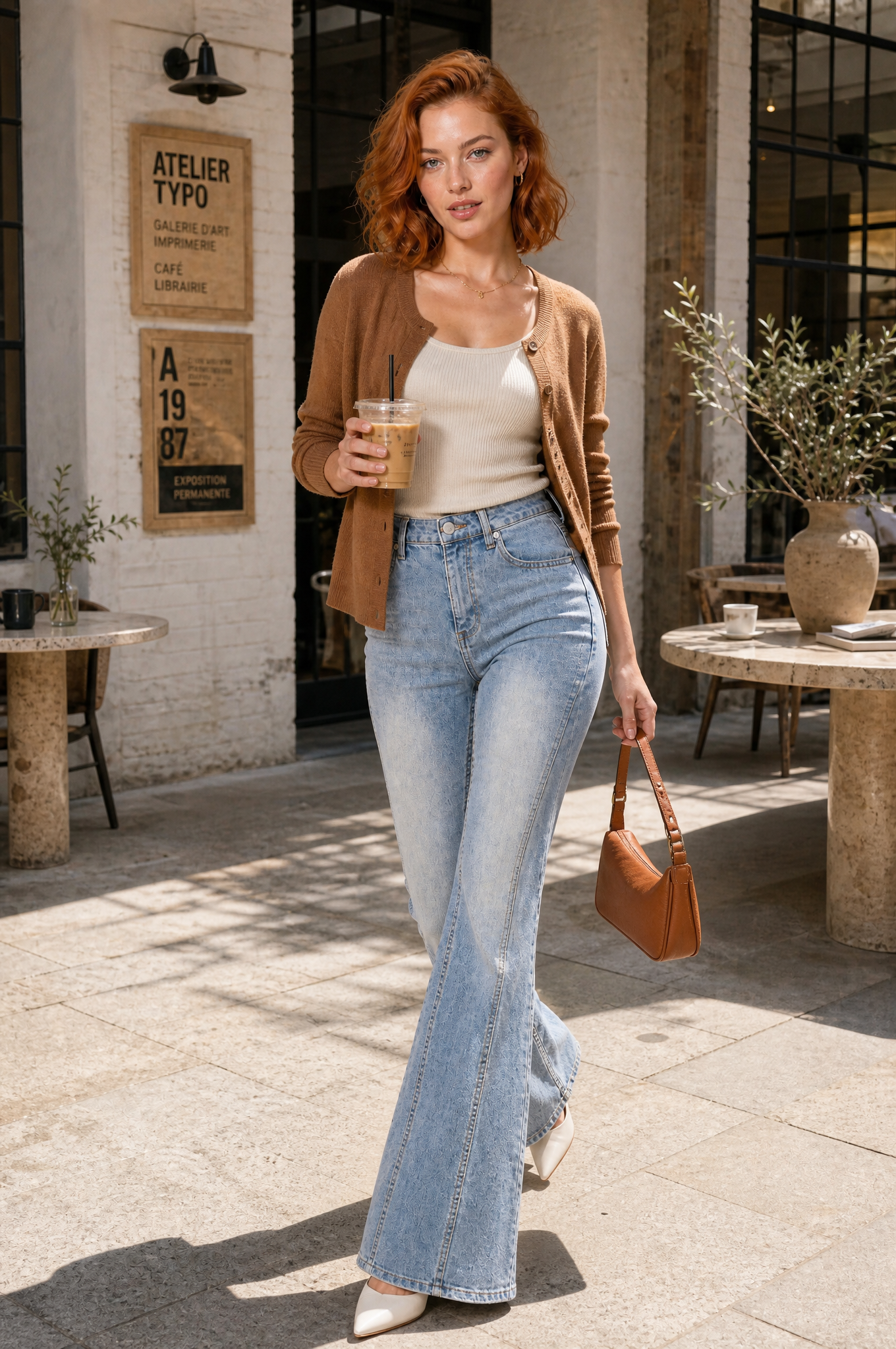 Jean bleu délavé taille haute évasé | Photo lifestyle | Lounelle Paris