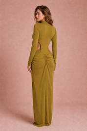 Robe longue olive col montant | Vue de dos | Lounelle Paris
