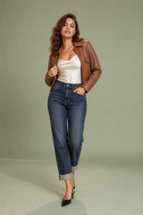 Mørkeblå mom jeans høj talje lige ben