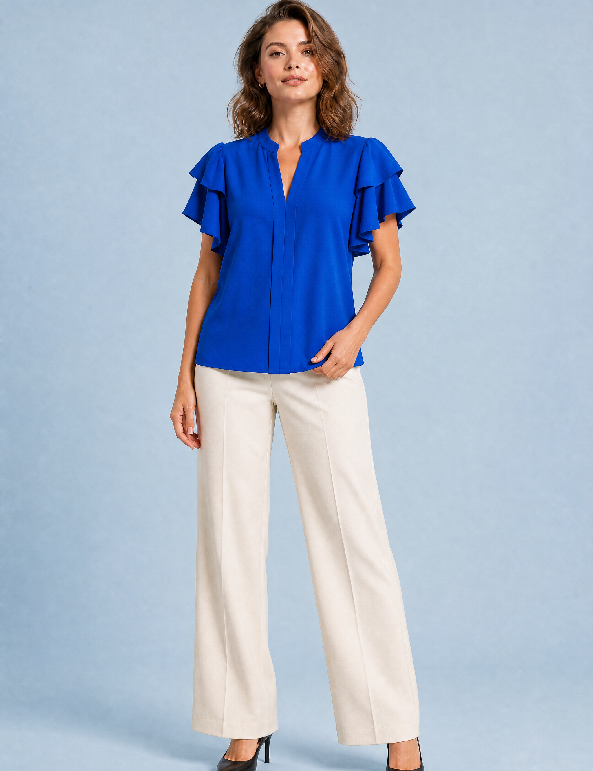 Blouse col V manches volantées | Variante Bleu | Lounelle Paris