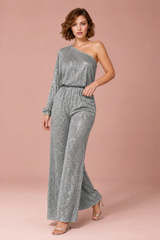 Asymmetrisk sølvpaillet jumpsuit