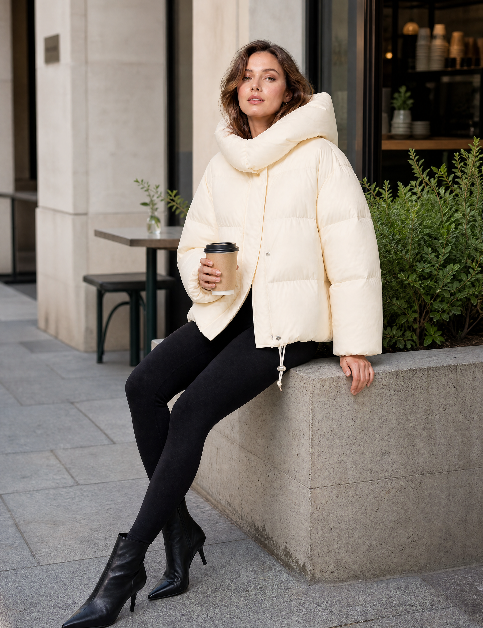 Doudoune courte à capuche oversize | Photo lifestyle | Lounelle Paris