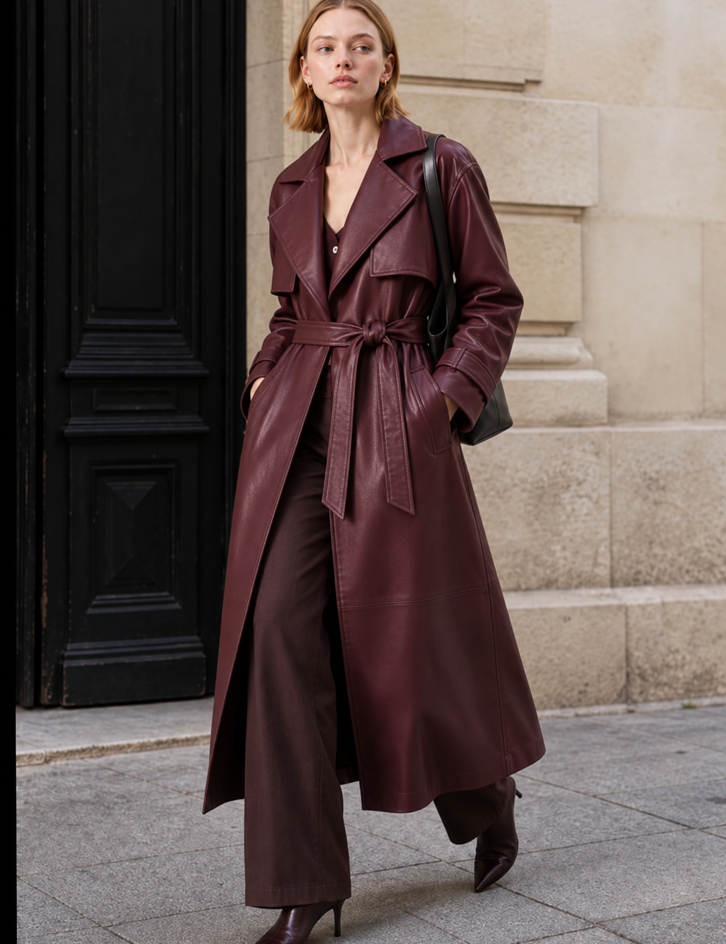 Manteau long effet cuir ceinturé | Photo lifestyle | Lounelle Paris