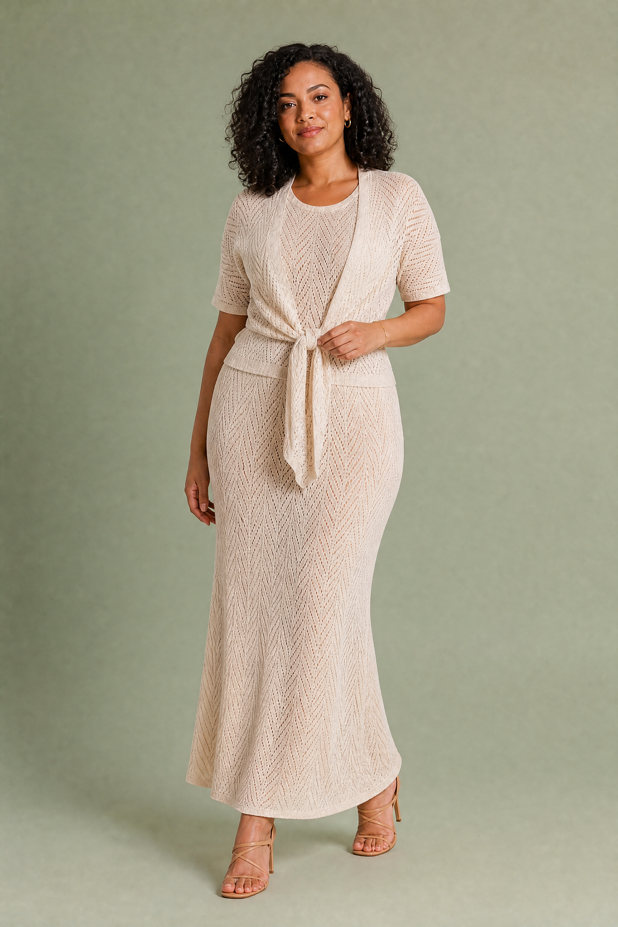 Ensemble 3 pièces beige maille ajourée | Porté sur une autre silhouette | Lounelle Paris