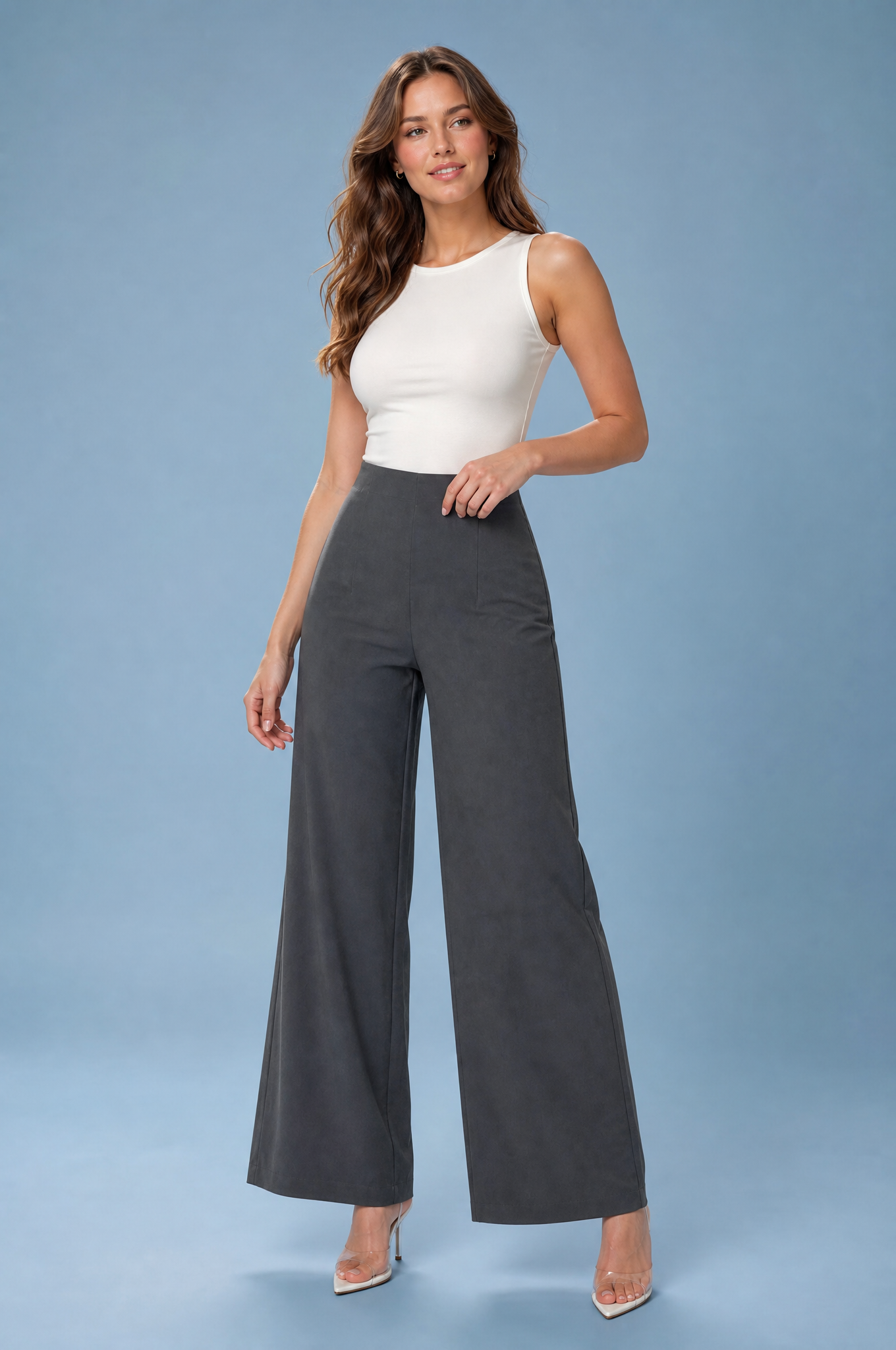 Pantalon large fluide taille haute | Vue de face | Lounelle Paris
