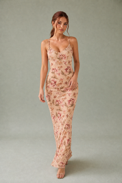 Robe longue abricot fleurie dos nu | Vue en mouvement | Lounelle Paris