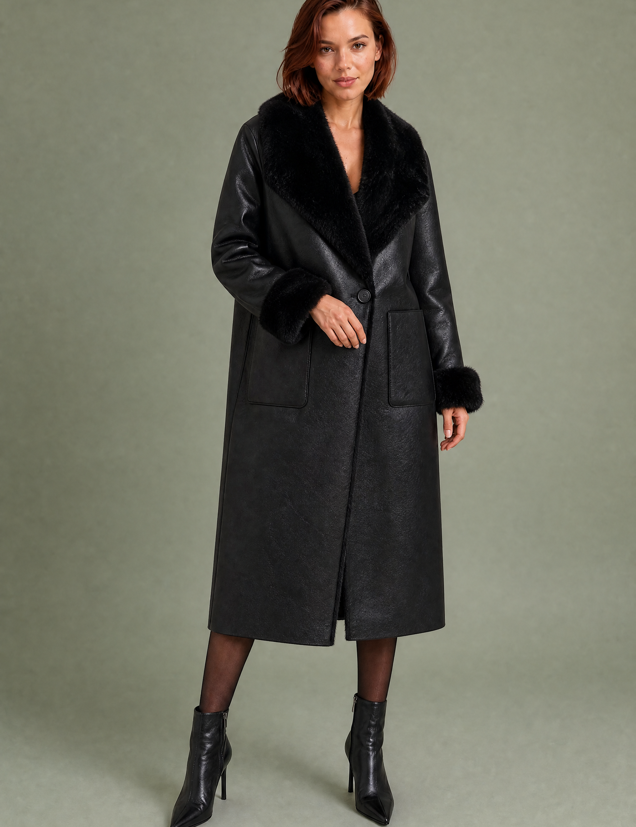 Manteau long réversible col duveteux | Variante Noir | Lounelle Paris