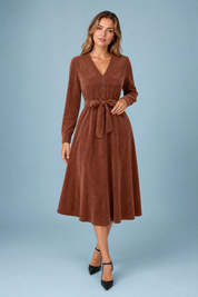 Robe marron col V velours côtelé | Vue de face | Lounelle Paris