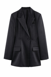 Blazer long noir revers satinés | Lounelle Paris