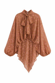 Blouse marron fleurie col lavallière | Lounelle Paris
