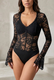 Body noir en dentelle à col V | Lounelle Paris