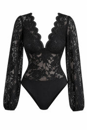 Body noir en dentelle manches longues | Lounelle Paris