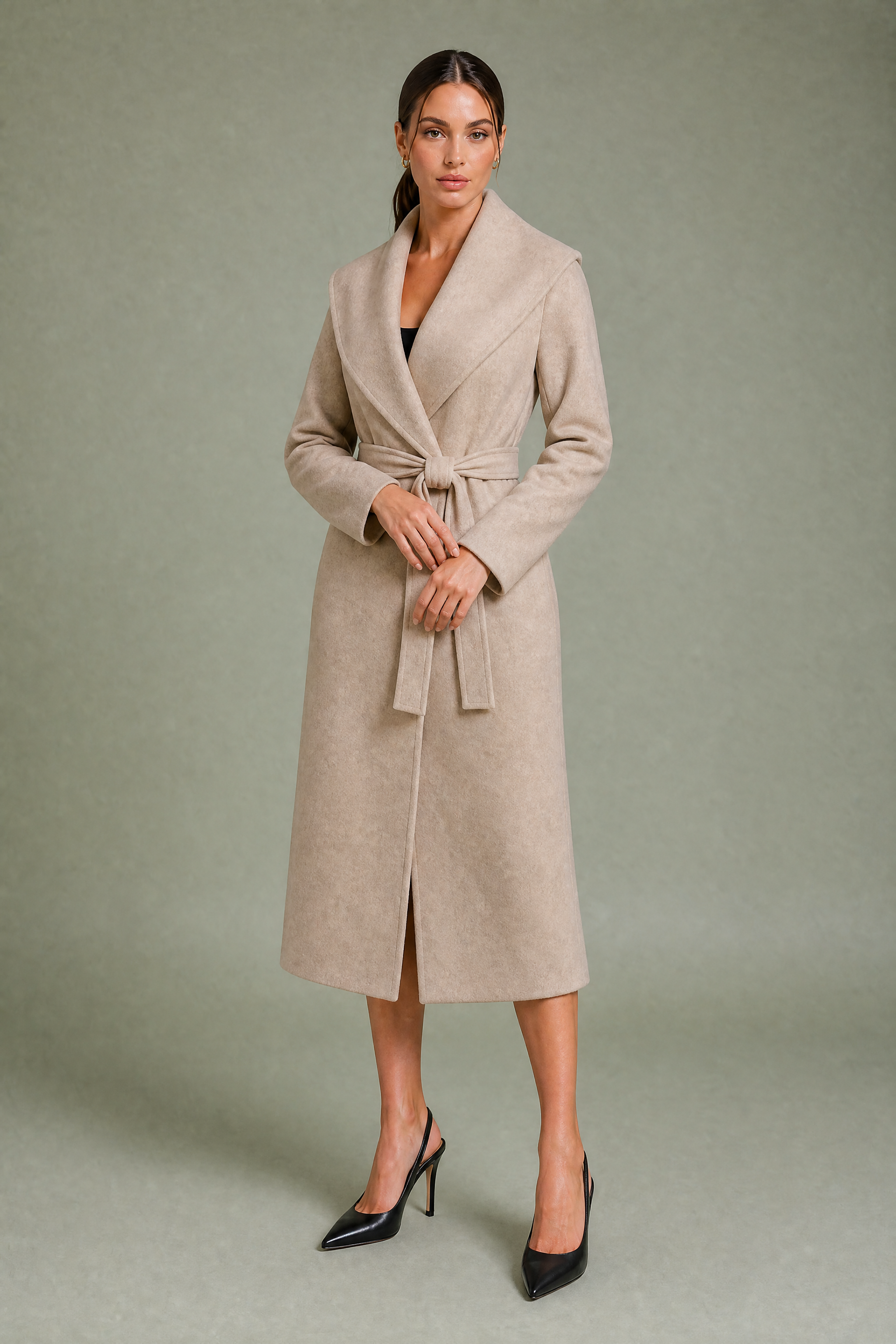 Manteau long col châle ceinturé | Variante Beige | Lounelle Paris