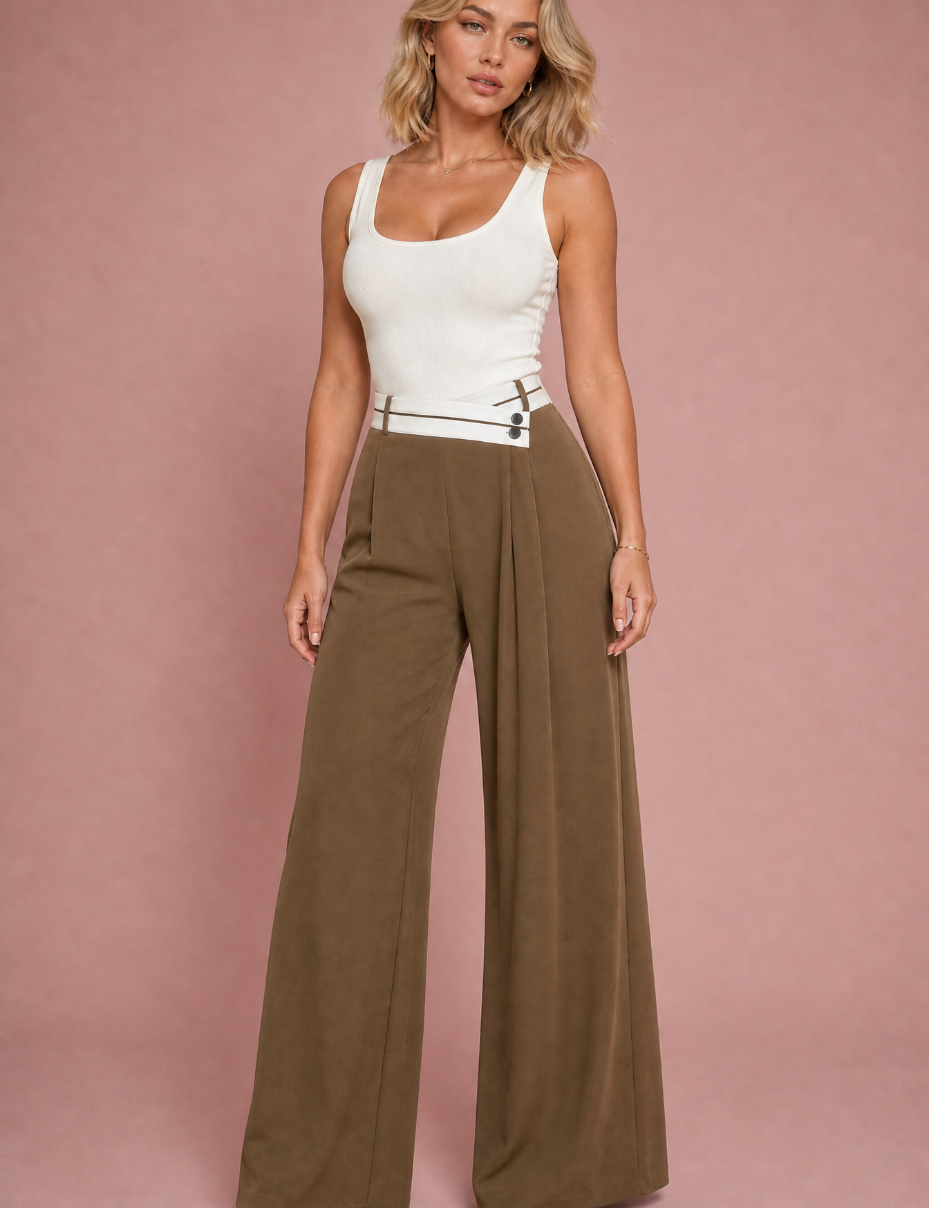 Pantalon large taille haute croisée | Variante Moka | Lounelle Paris