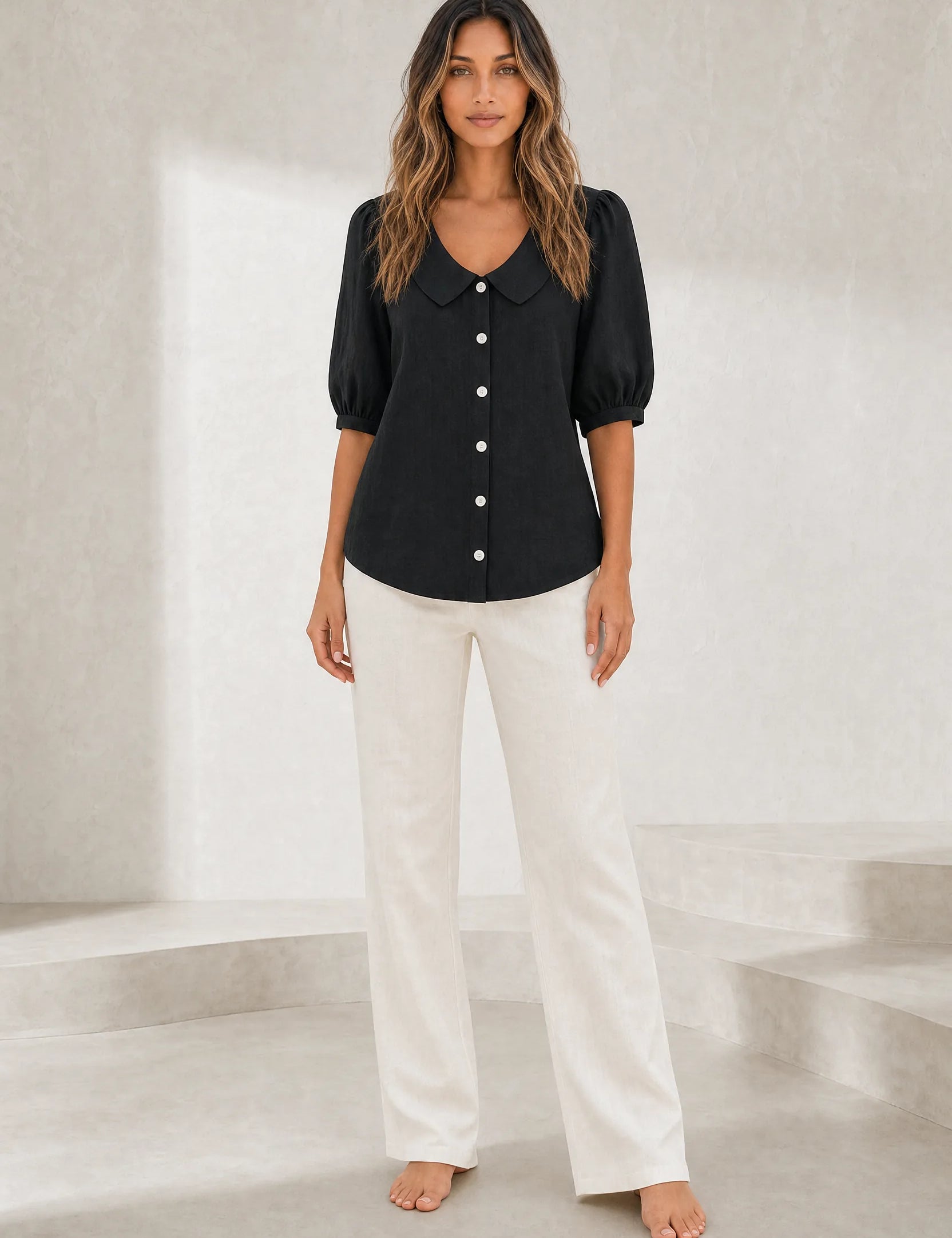 Chemisier col rond manches bouffantes | Lounelle Paris