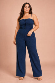 Combinaison bleu marine bandeau noué | Porté sur une silhouette plus ronde | Lounelle Paris